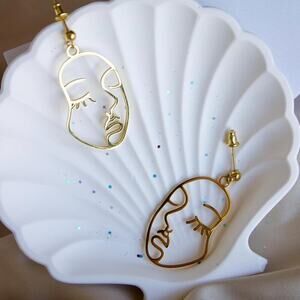 Abstract Face Earrings, Gold Stainless Steel Modern Art Hoops